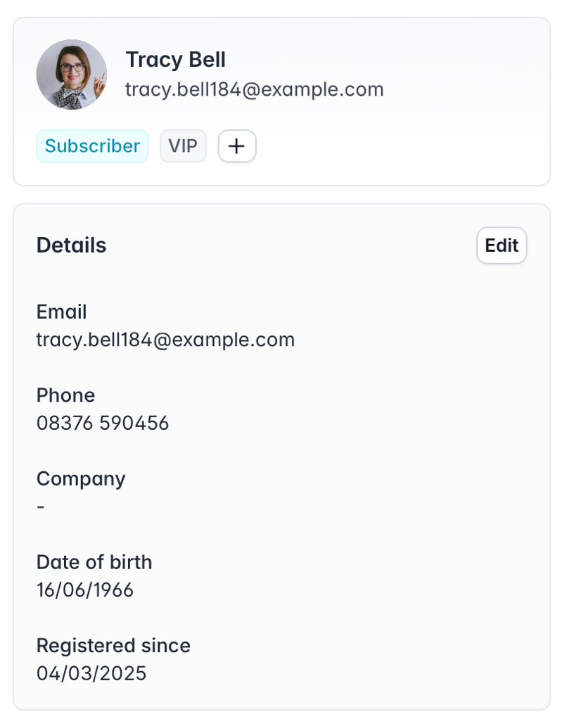 Screenshot of customer details
