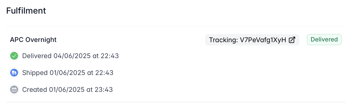 Screenshot of order shipped