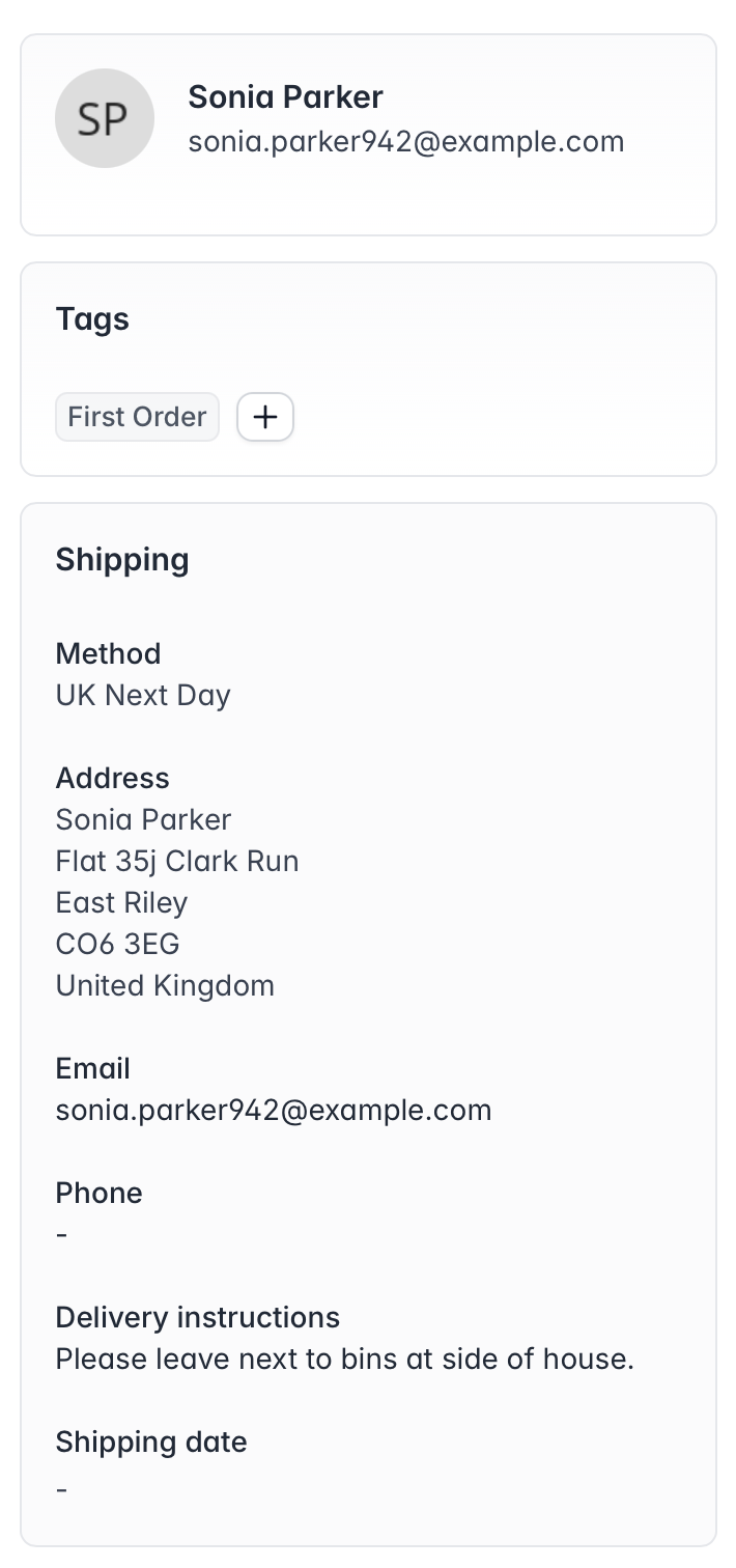 Screenshot of order shipping details