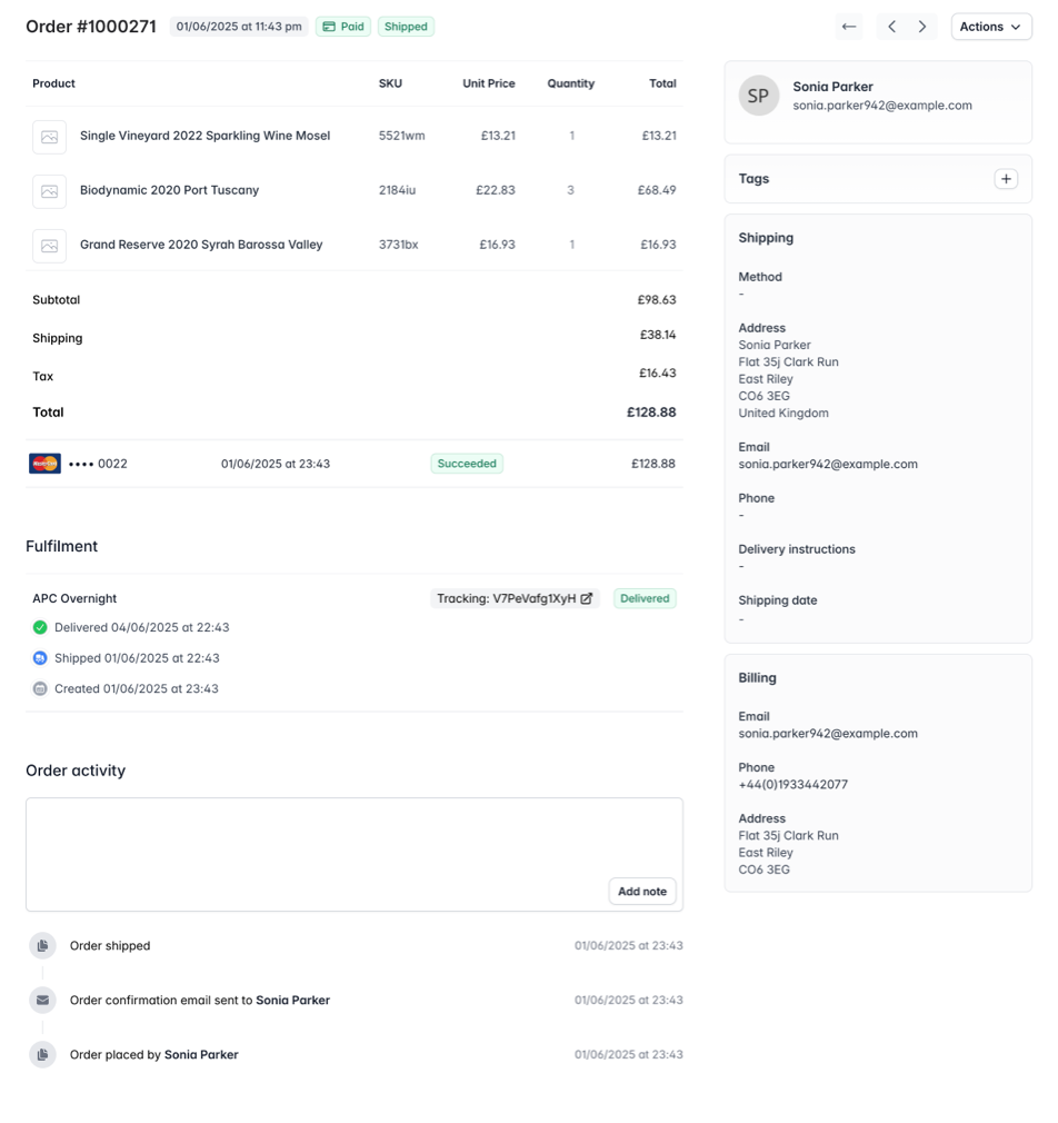 Screenshot of order information